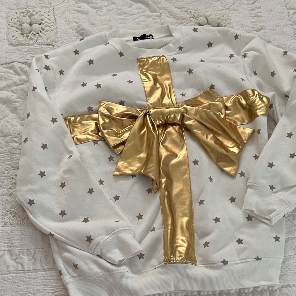 White Sweatshirt with Gold Bow and Star Pattern